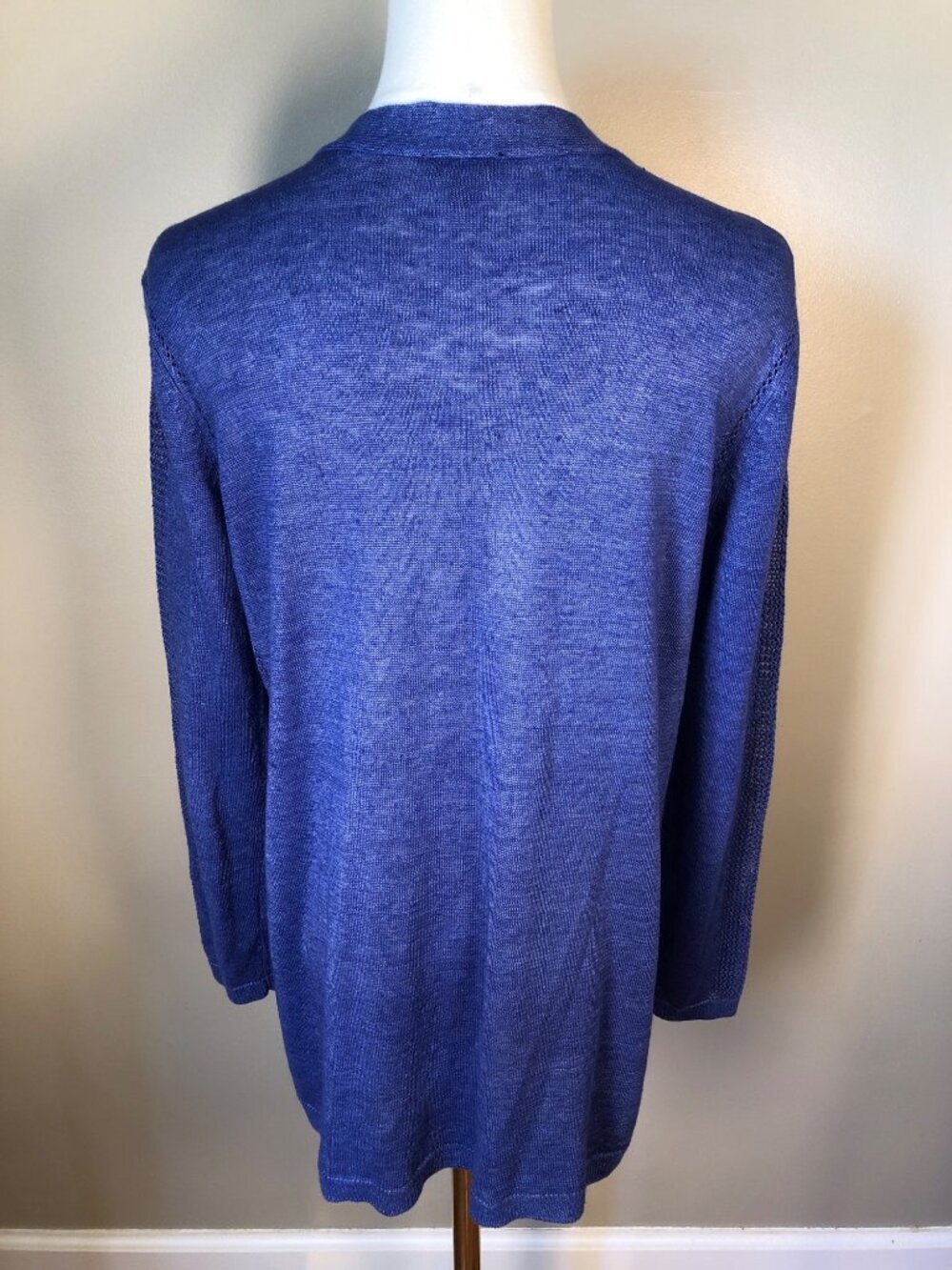 Talbots Open Front Linen Blue Cardigan w/ Lace Knit Detail Beach Coastal Sz SP - Picture 3 of 7